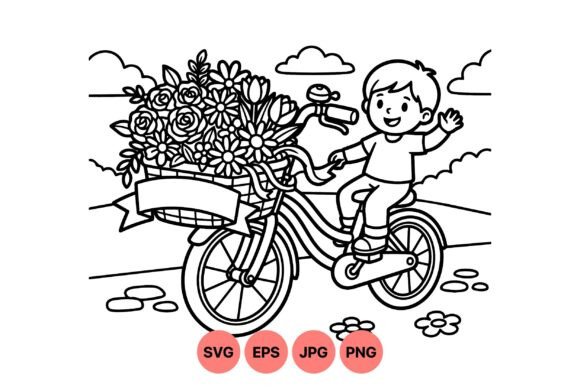 Child Riding Bike Floral Art Graphics and Illustrations Review