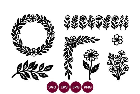 Floral Wreath and Bouquet Line Art Set Graphics