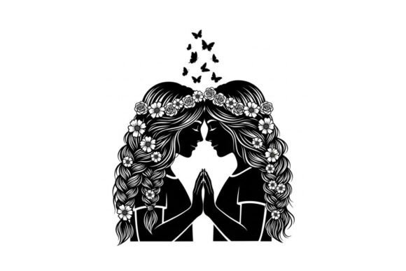 Silhouette of Two Women with Floral Crow Graphics and Illustrations